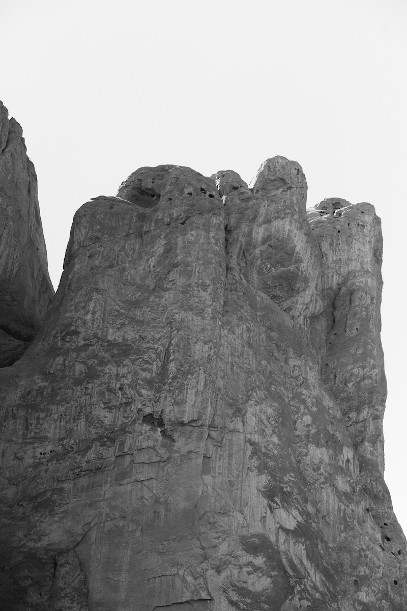 A black and white photo of one of the rock formations in Garden of the Gods