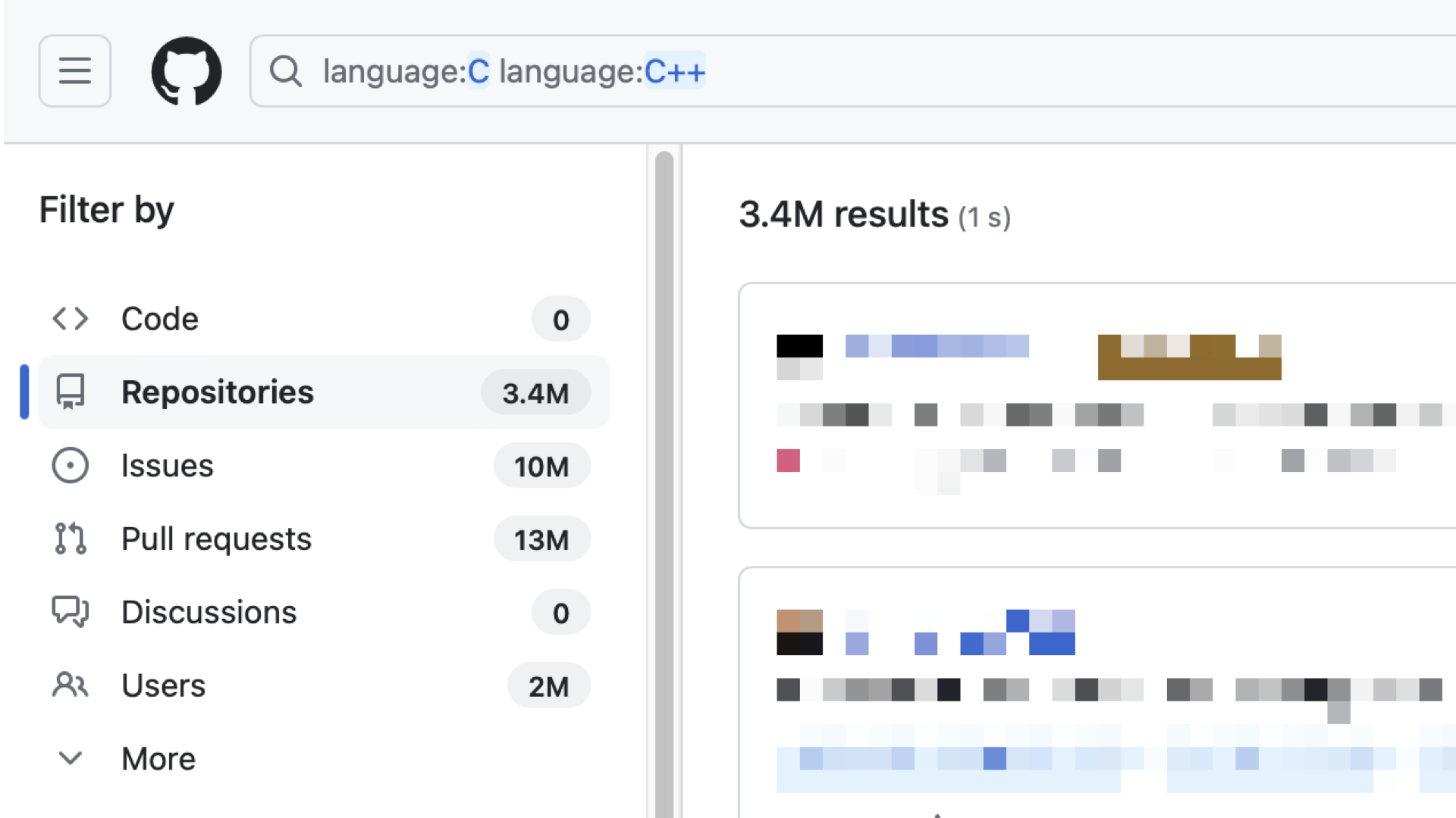 Slide showing a screenshot of a search for all the C and C++ code on GitHub