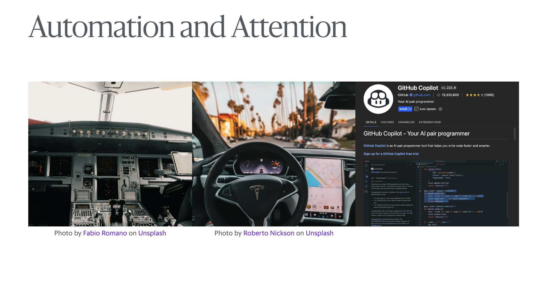 Slide reading 'Automation and Attention' and showing images of an airplane cockpit and a Tesla vehicle in “self-driving” mode and the VS Code extension for GitHub Copilot.