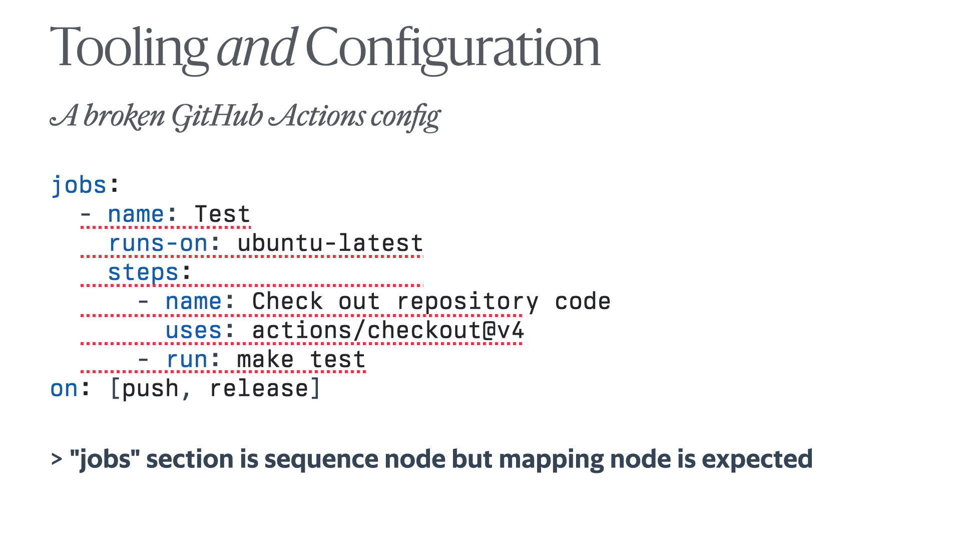 The same slide, but with the job definition underlined with dotted red lines, and a message describing the error