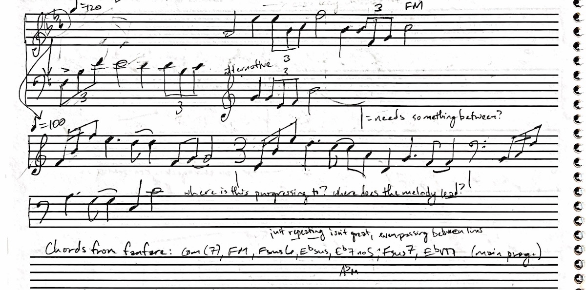 A scan of the original sketch of a fanfare in pencil on staff paper